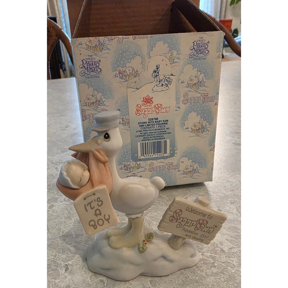 Precious Moments Sugar Town Stork with Baby Sam 529788 1994 Figurine with Box